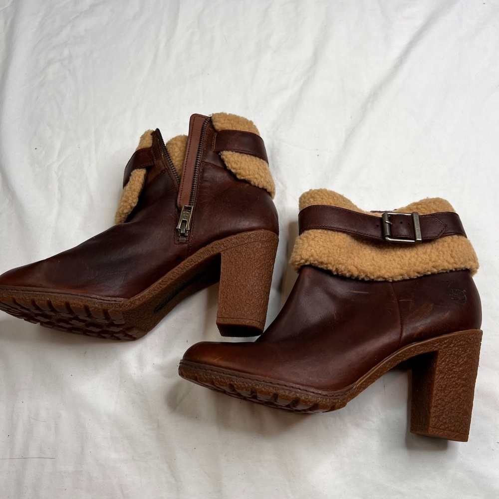 Timberland Ortholite Faux Shearling Leather Heeled Boots Womens Sz 9.5 Brown A04